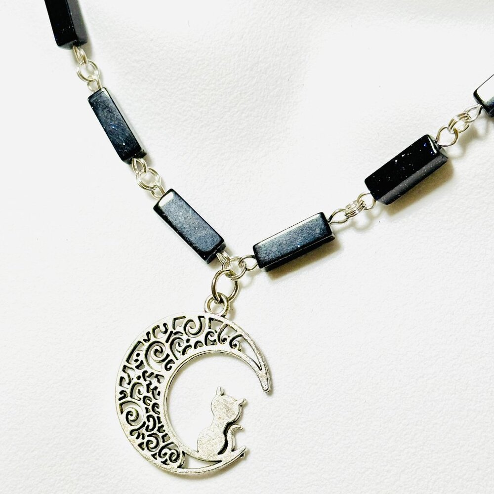 Dark Blue Goldstone Short Necklace w/ Silver Cat on the Moon Pendant